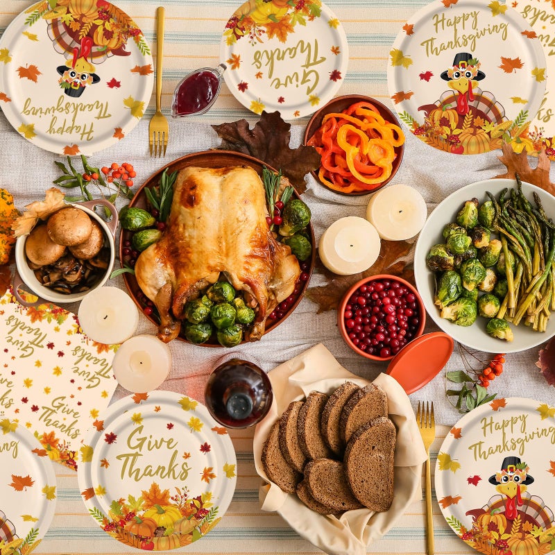 PERFQU 150 Pcs Thanksgiving Plates and Napkins Sets - Happy Thanksgiving Round Tableware, Disposable Fall Turkey Give Thanks Paper Dinner Dessert Plates Dinnerware for Thanksgiving Party Supplies, Serve 50 - Image 5